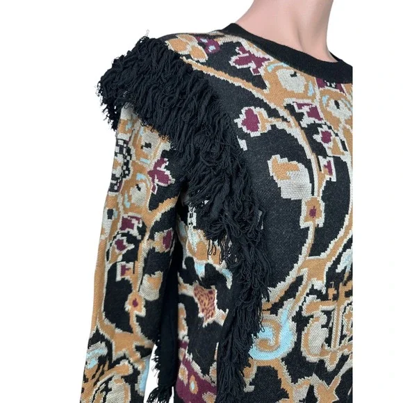 Ronny Kobo Pullover Sweater Sz XS Long Sleeve Fringe Black Brown White Viscose - Picture 4 of 7